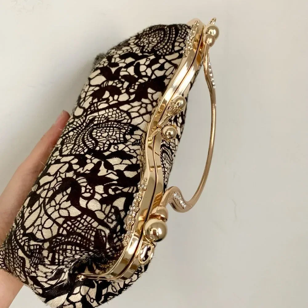 Handmade Real hair-on-horsehide Black Lace Print Kisslock Clutch/Crossbody - Picture 12 of 16